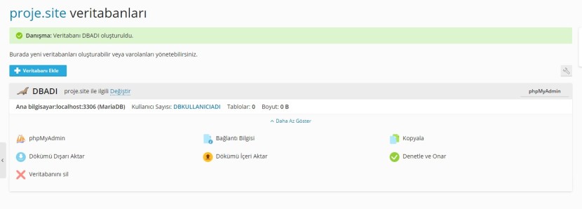 Plesk Veritabanı Oluşturma Başarılı